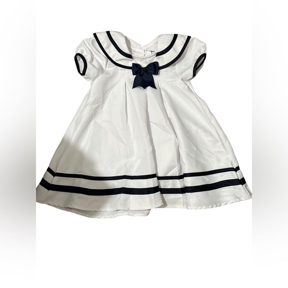 Rare Editions Girls Sailor Dress White with Navy with Bow. - Picture 5 of 11